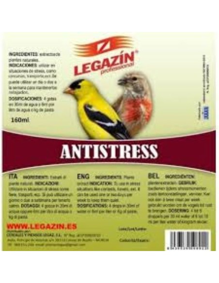 Suplemento ANTIESTRESS LEGAZIN para aves nerviosas o estresadas en liquido 120 ml